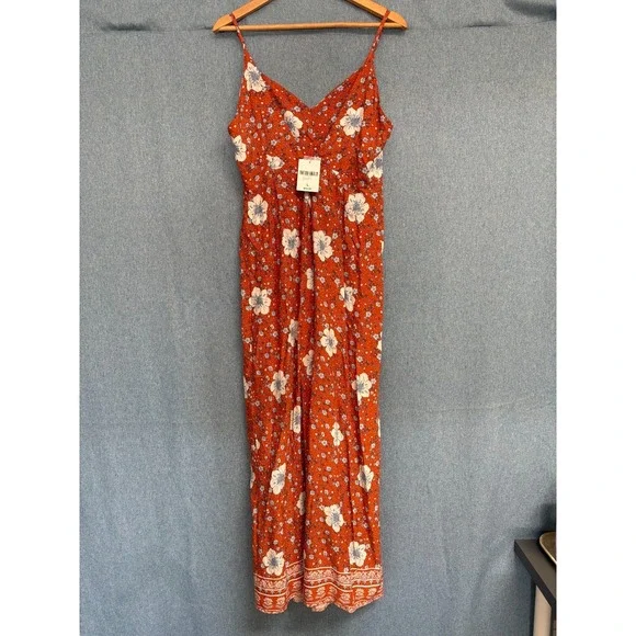 Used Forever 21 L Orange Blue White Floral Print Sleeveless Jumpsuit Jumper - Picture 6 of 12